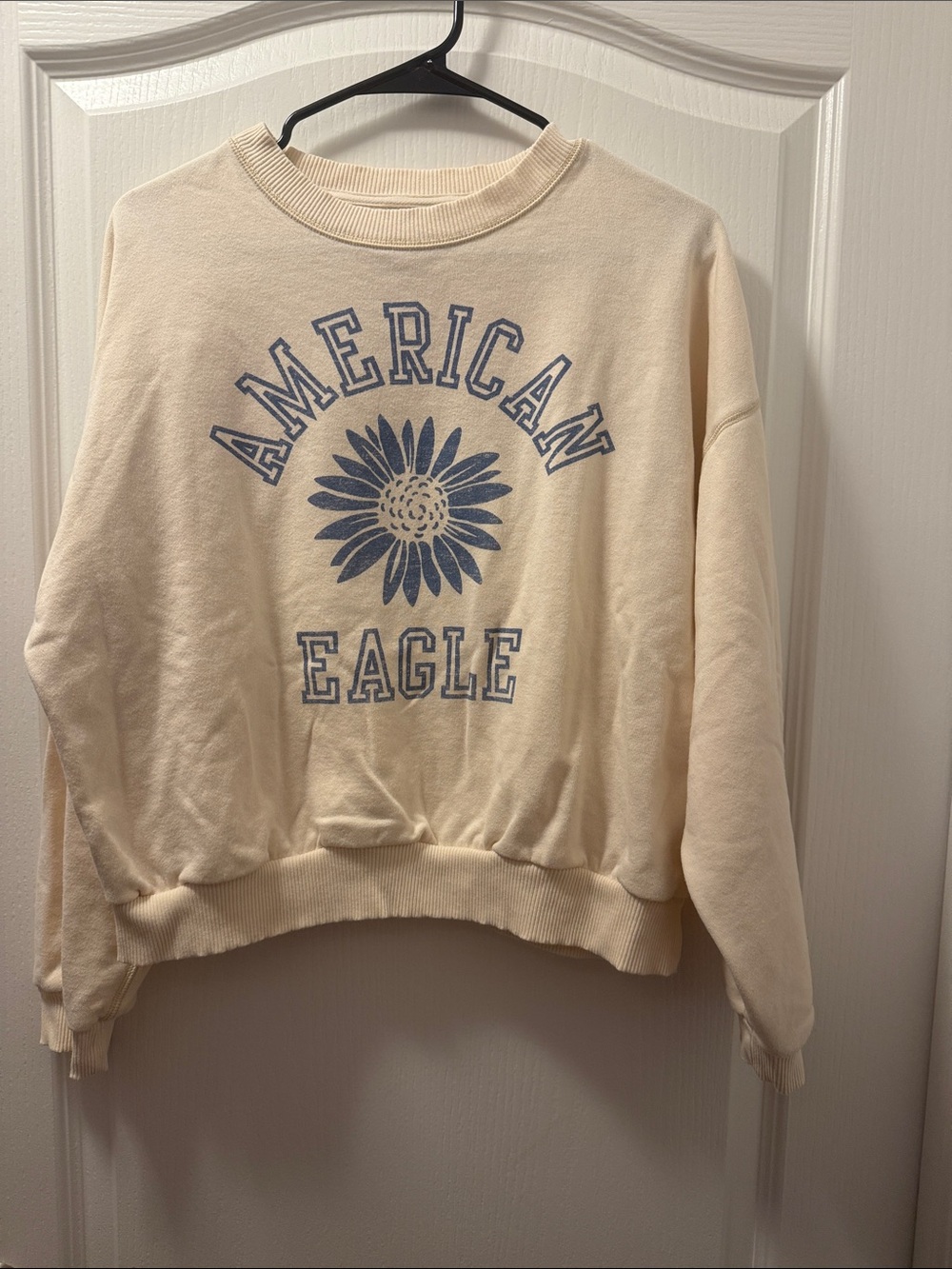 American Eagle Outfitters Cream Sweatshirt with Blue Floral Logo